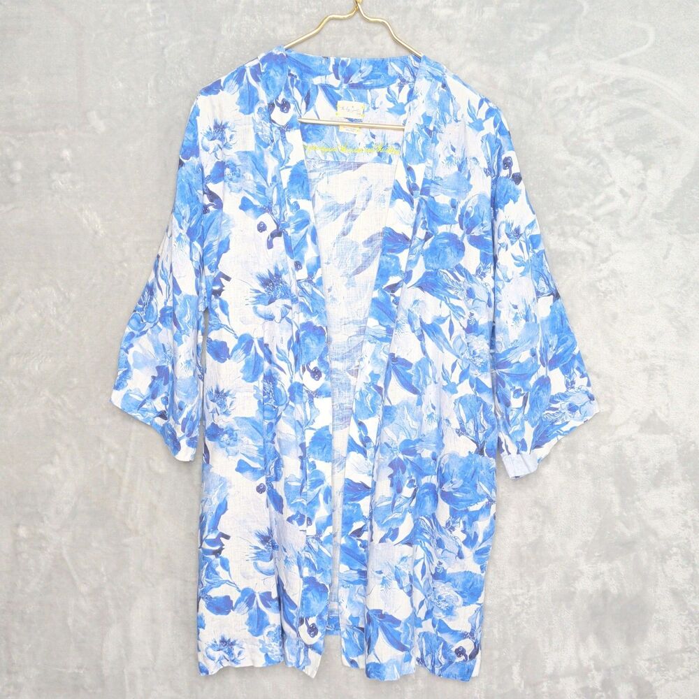 THE LAZY POET Blue Floral Lola Flowers Kimono Size S/M Linen Pockets Lightweight